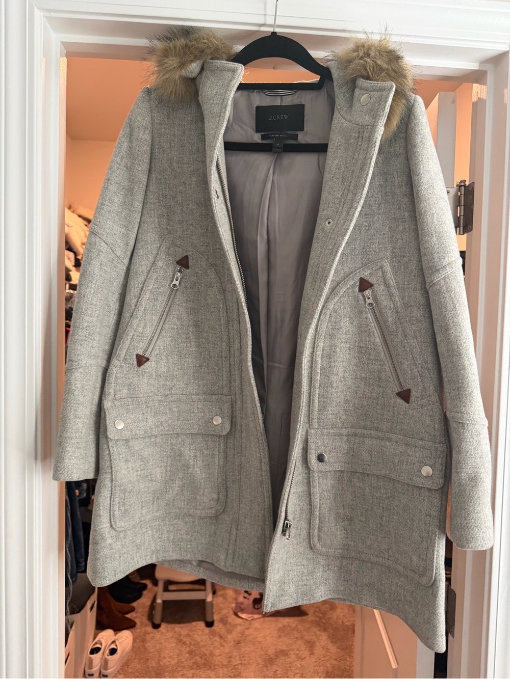 J. Crew Light Gray Wool-Blend Hooded Trench Coat with Faux Fur Trim
